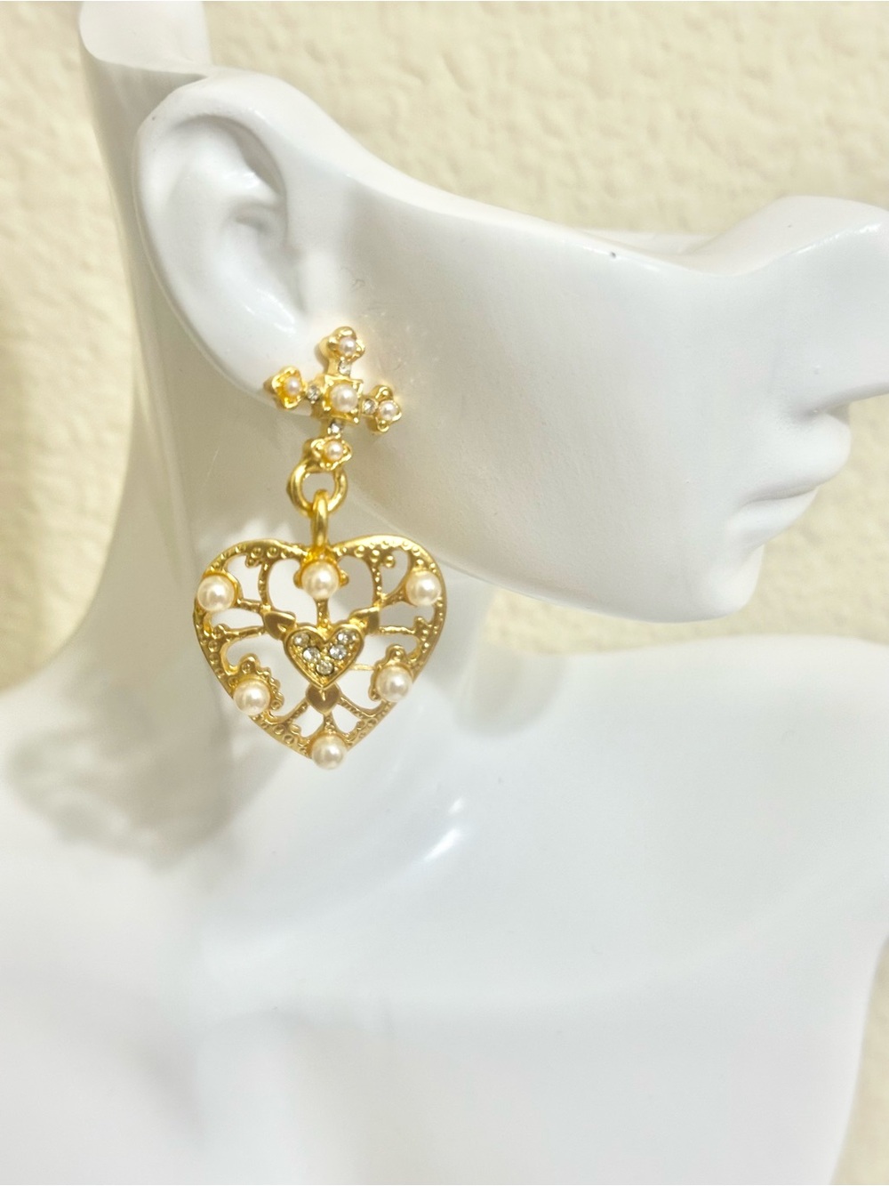 Vintage Gold Plated Heart Drop Earrings with Pearls and Crystals